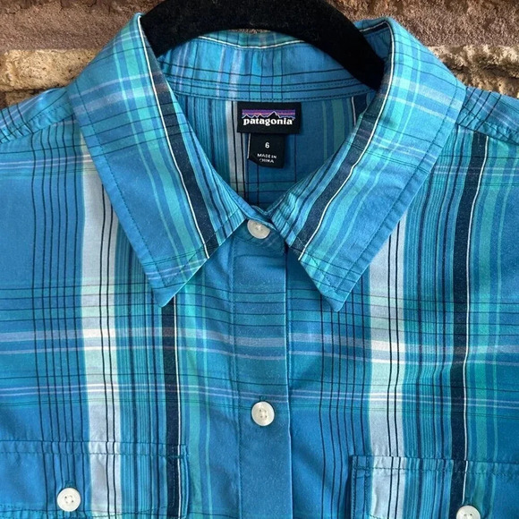 Patagonia Dark Turquoise Blue Plaid Button Front Shirt Size 6 - Picture 4 of 5